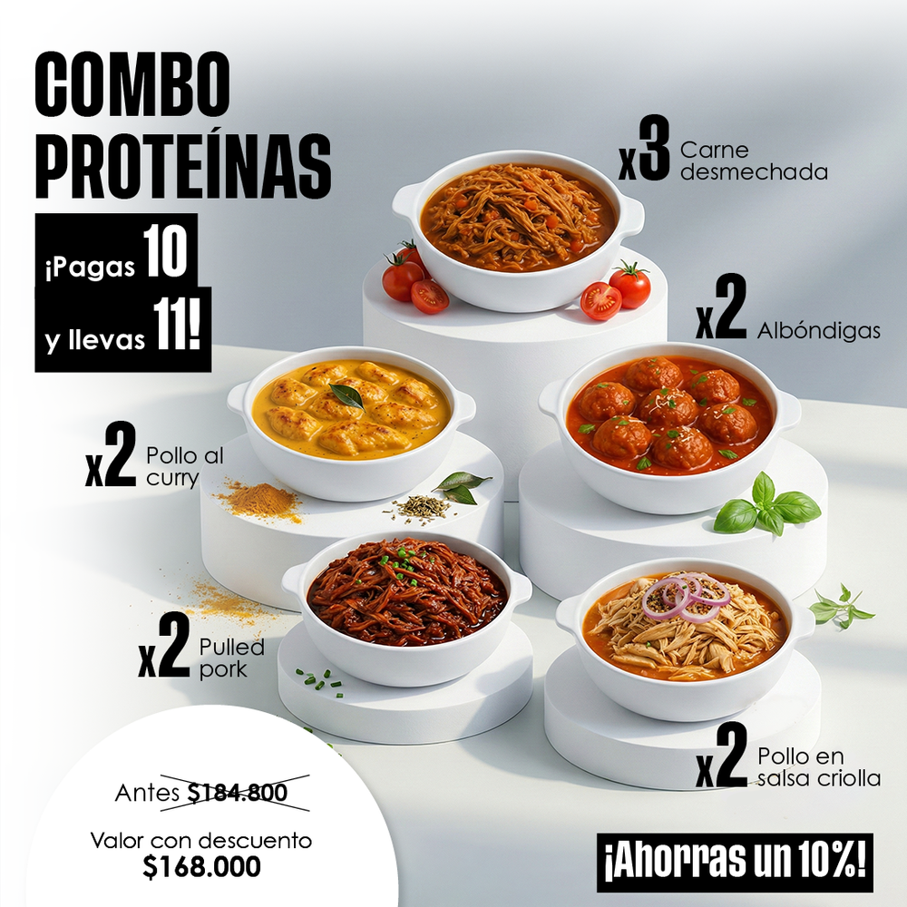 Combo Proteína Semanal (Paga 10, Lleva 11) — El Combo Proteína Semanal Incluye: 2 pollo al curry 3 carne desmechada 2